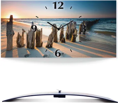 Produktbild von ARTland Wanduhr, gebogen Funkuhr - schwarzer Zeiger Sonnenuntergang Strand Wellenbrecher Größe: 50x25 cm