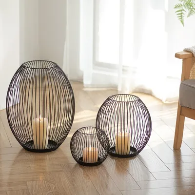 Windlicht-Set 3er: Schwarz, Metall, 45/30/15 cm, für Plateaukerzen