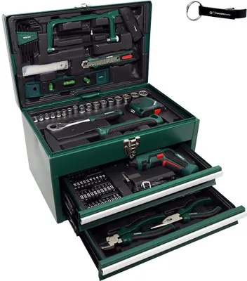 A green metal toolbox filled with various tools, including a drill, wrenches, and sockets, with a keychain in the upper right corner.