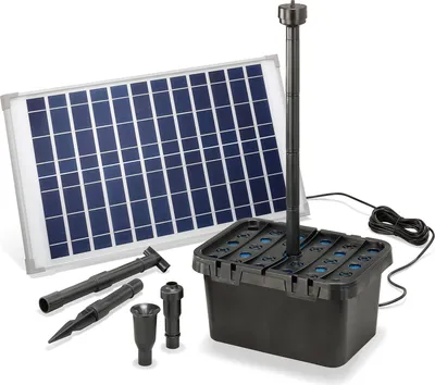 A solar-powered pond filter system with accessories, laid out on a white background.