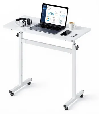 Obrázek produktu pro Stolní psací stůl, výškově nastavitelný, mobilní stojan umožňující práci ve stoje, s kolečky s aretací, rozměry 810 x 410 mm, malý počítačový stůl s možností sezení i stání, s háčkem, nosnost pracovní desky 25 kg, vhodný pro domácí kancelář, bílá barva