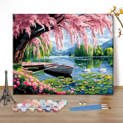 Immagine prodotto di Kit per dipingere al numero, soggetto: cigno bianco, dimensioni 50x40 cm. Include colori acrilici, pennelli e tela. Ideale per progetti fai-da-te