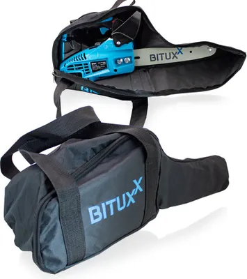 A black carrying bag with a blue chainsaw inside, shown against a white background.