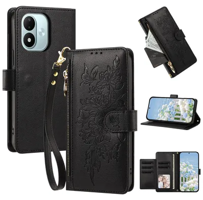 Produktbild von Handyhülle für Xiaomi Redmi Note 17 4G, Wallet Case Kunstleder mit Kartenfächern, Reißverschluss und Handschlaufe Schwarz