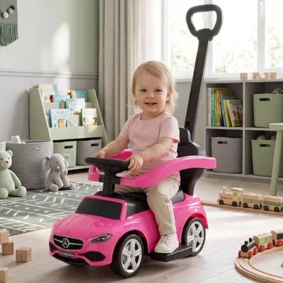 Obrázek produktu pro Sun Baby Jezdítko Mercedes C-Class s tlačíkem, madlem a opěrkami nohou, sPolyuretankoly, sedák zPolyuretanmateriálu, růžové