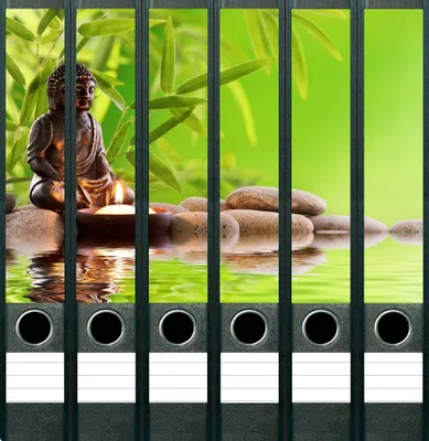 Produktbild von 6 Stück Buddha Feng Shui Aufkleber für schmale Ordnerrücken Ordneraufkleber Etiketten selbstklebend Mönch Steine Bambus beruhigendes Wasser Flamme Kerze