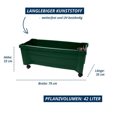 Produktbild von KHW Pflanzkasten "Calypso" aus Kunststoff auf Rollen mit Bewässerungssystem;  Maße 79 x 35 x 33 cm; UV- und wetterbeständig. Farbe: Grün.