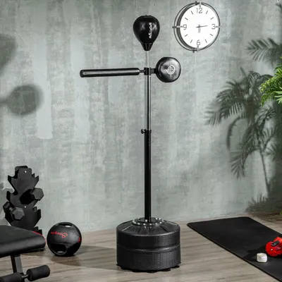 Produktbild von Punchingball höhenverstellbar 163–205 cm, 360° Reflexstange, Speedball, Kunstleder, Schwarz | 80,5x48x205 cm | 6,2 kg | inkl. Boxbandagen