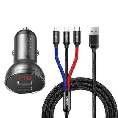 Zdjęcie produktu dla Ładowarka samochodowa Baseus z wyświetlaczem 24W + kabel USB 3w1 Baseus Three Primary Colors 1,2 m