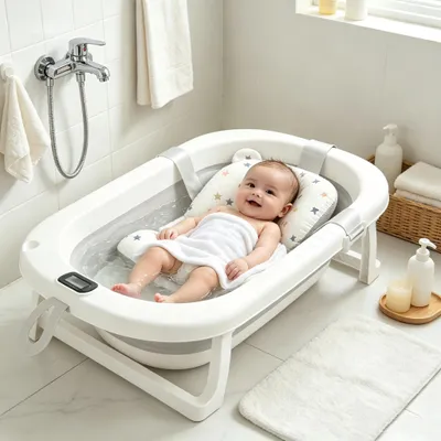 Produktbild von Faltbare Babybadewanne mit rutschfestem Badekissen,Badewanne XXL mit Thermometer,Kinderbadewanne mit Abflussloch für 0-24 Monate (Grau)