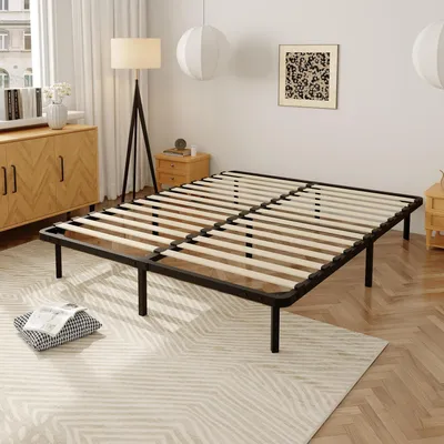 A bed frame with wooden slats is shown in a bedroom setting.
