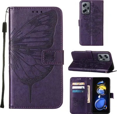 Produktbild von Xiaomi Poco X4 GT 5G Hülle, Schmetterling Prägung Flip Leder Kartenfächer Schutzhülle Ledertasche mit Ständer für Xiaomi Poco X4 GT 5G Lila