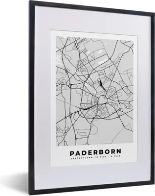 Produktbild von MuchoWow® Gerahmtes Poster Karte - Paderborn - Deutschland - Stadtplan - Karte 30x40 cm - Poster mit Schwarzem Bilderrahmen Wandposter Rahmen Foto Bilder - Wandposter Schlafzimmer
