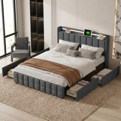 Produktbild von INONEFT Polsterbett 160x200cm mit USB Kopfteil und LED und 4 Schubladen, Doppelbett mit Stauraum, Jugendbett, Leinen, Grau