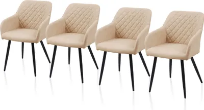 Four beige upholstered dining chairs with black legs are arranged in a row against a white background.