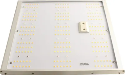 The back of a white LED grow light panel with a silver frame, showing the arrangement of LEDs and a mounting bracket.