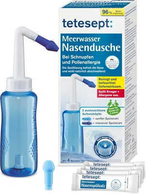 Produktbild von tetesept Meerwasser Nasendusche bei Schnupfen und Pollenallergie – Inkl. 4 Beutel Nasenspülsalz - Zur Nasenspülung mit zwei austauschbaren Aufsätzen