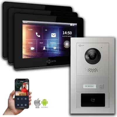 Produktbild von Goliath IP Video Türsprechanlage mit Kamera 7-Zoll RFID Silber  : 3 Monitore : 7 Zoll Schwarz : Aufputz Dose Monitor Anzahl: 3 Monitore Monitor Farbe: 7 Zoll Schwarz Montage: Aufputz Dose