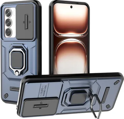 Immagine prodotto di Custodia per Oppo Reno12 a doppio strato con protezione scorrevole della fotocamera e supporto ad anello, supporto blu