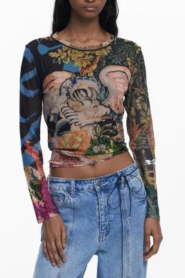 Produktbild von Schwarzes Damen Langarmshirt mit Kontrastdetails und Rundhalsausschnitt