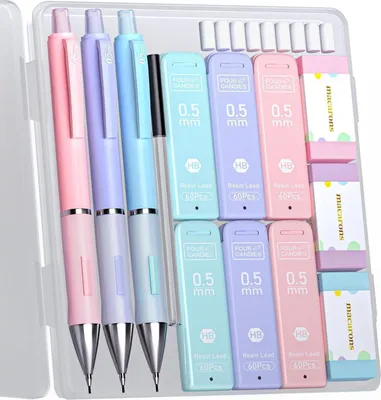 Zdjęcie produktu dla Zestaw pastelowych ołówków mechanicznych z etui i 360 ołówkami HB, 3 ołówki 0,5 mm, gumki w zestawie