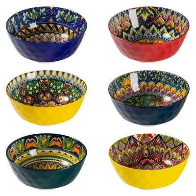 6er-Set bunte Keramik-Suppenschalen 360 ml, Boho-Stil
