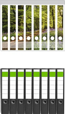 Produktbild von Wallario 8 Stück schmale Ordner inkl. Klebeetiketten mit Motive Blaues Hasenglöckchen im Sommerwald -  Set mit Rückenschildern / Ordnerrücken Stickern