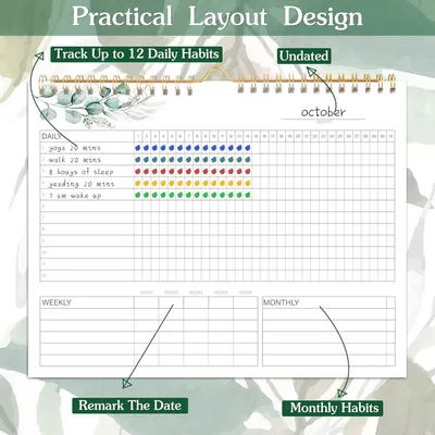 Imagen del producto de Calendario para el seguimiento de hábitos, 12 meses, sin fecha, con motivos de flores verdes, ideal para registrar y monitorizar tus hábitos