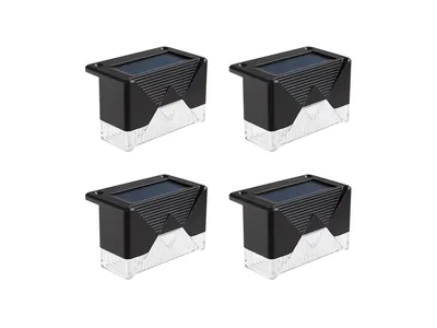 Four black and clear LED solar lights are arranged in a two-by-two grid on a white background.