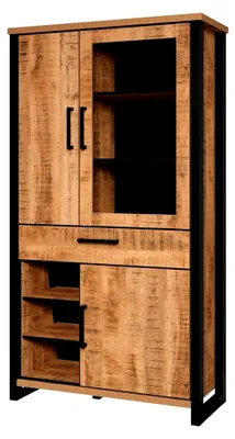 Produktbild von Vitrine - Mango/Schwarz - Stauraumvitrine mit 3 Türen, 1 Schublade, 3 offenen Fächern und 7 Einlegeböden - (BxHxT) 106 x 195 x 45 cm - ESG-Klarglastüren