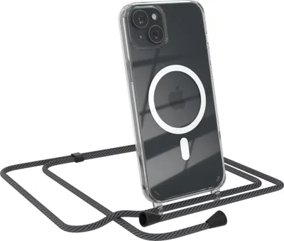 Produktbild von EAZY CASE - Handykette kompatibel mit Apple iPhone 15 Plus Kette zum Umhängen Stoßfest Handyhülle für Apple iPhone 15 Plus Silikon Hülle mit Band Transparent als Fallschutz in Schwarz/Anthrazit - Clips Schwarz