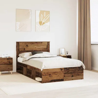 Image de Lit simple - Structure de lit en bois massif, finition bois vieilli, dimensions 135 x 190 cm, en pin massif