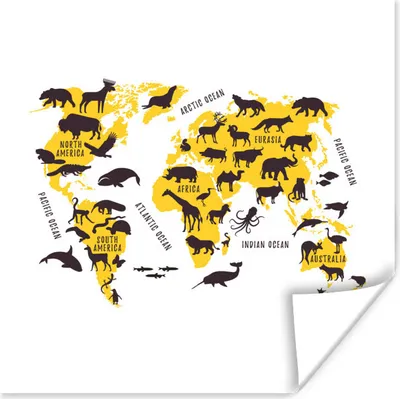 Produktbild von MuchoWow® Poster Weltkarte - Tiere - Gelb 50x50 cm - Wohnzimmerdekoration
