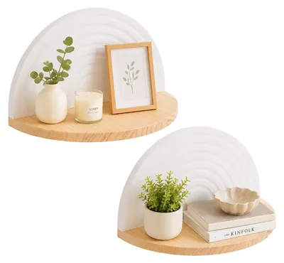 Produktbild von Relaxdays Wandregal 2er Set, Boho Style, Wanddeko Regal für Flur & Wohnzimmer, HBT: 13x26x13 cm, MDF & Holz, weiß-natur