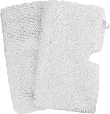Two white mop pads are laid out side-by-side on a white background.