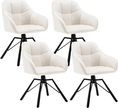 Four cream-colored swivel chairs with black legs are arranged on a white background.