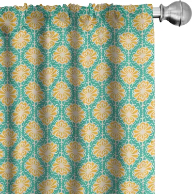Obrázok produktu pre ABAKUHAUS Retro závesy, záclony, vzor opakujúcich sa kvetinových dlaždíc – staromódne prírodné motívy, 2 kusy 75 x 175 cm, morská zelená, žltá, béžová
