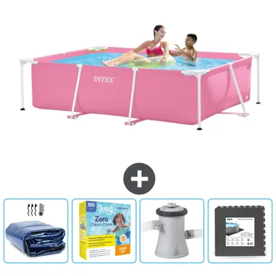 Produktbild von Intex-Schwimmbecken mit rechteckigem Rahmen – 220 x 150 x 60 cm – Rosa – im Lieferumfang enthalten Sonnensegel - Wartungspaket - Filterpumpe für Schwimmbad - Bodenfliesen