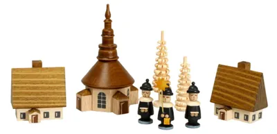 Produktbild von Weihnachtsdekoration Dorf Seiffen mit Ringelbäumchen und Kurrende natur Höhe 27 mm