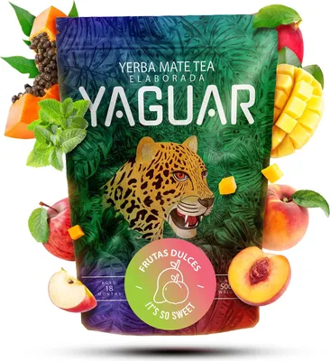 Obrázek produktu pro Yaguar – Čaj z yerby mate Frutas Dulces 500 g – S jablkem, papájou a mangem – Sušený na vzduchu – Jemný, málo prachu – Yerba mate z Brazílie – Zrál 18 měsíců