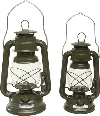 Two olive green storm lanterns of different sizes are displayed against a white background.