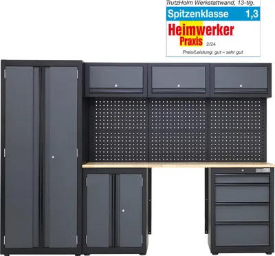Produktbild von Werkstattwand 13-tlg. modulares Werkstattschranksystem aus Stahl mit Holzarbeitsplatte in Anthrazit