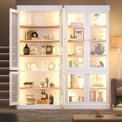 Produktbild von Moderner Standhochschrank mit integrierter LED-Stimmungsbeleuchtung, Glasvitrine, durchdachter Innenaufteilung und Kippschutz, stabil