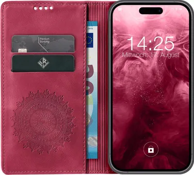 Produktbild von Mandala Handyhülle für Apple iPhone 18 Pro RFID Schutz Klapphülle Case Cover Design Schutzhülle Farbe: Magenta