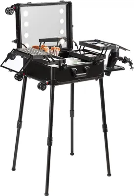 Immagine prodotto di Valigetta per il trucco con serratura, specchio illuminato, 4 scomparti, portapennelli, porta cosmetici da viaggio con ruote piroettanti, trolley da studio professionale, indipendente per