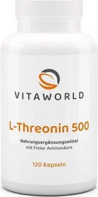Produktbild von Vitaworld L-Threonin 500 | 120 Kapseln | 500 mg L-Threonin pro Kapsel | hergestellt in Deutschland | vegan