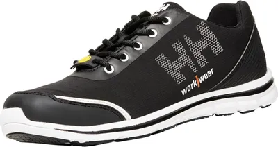 A black and white work shoe with laces and branding.