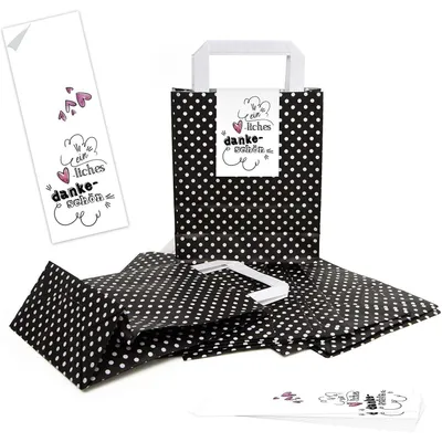 Produktbild von Logbuch-Verlag 25 schwarz weiß gepunktete Henkeltüten Papiertüten + 25 Banderolen zum Zukleben EIN HERZLICHES DANKESCHÖN weiß rosa Herz Geschenkverpackung DIY Gastgeschenk Give-Away"Ein herzliches Dankeschön" weiß rosa / 10 Stück