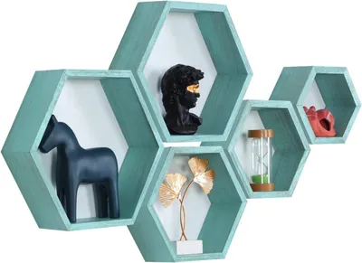 5er-Set sechseckige Wandregale aus Massivholz, Blau