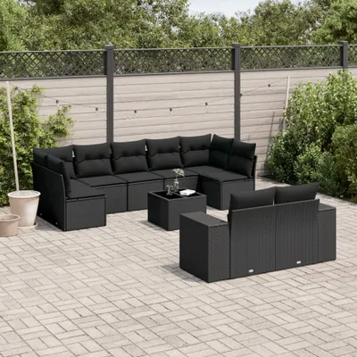 Produktbild von Design 10-tlg. Garten-Sofagarnitur mit Kissen Schwarz Poly Rattan, Gartenmöbel-Sets 2024 Neu